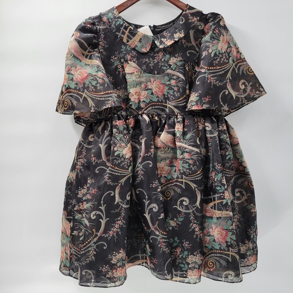 Selkie Lala Land Night in Paris Puff Dress 1X Black Floral Layered Mini Pheasant - Picture 5 of 16